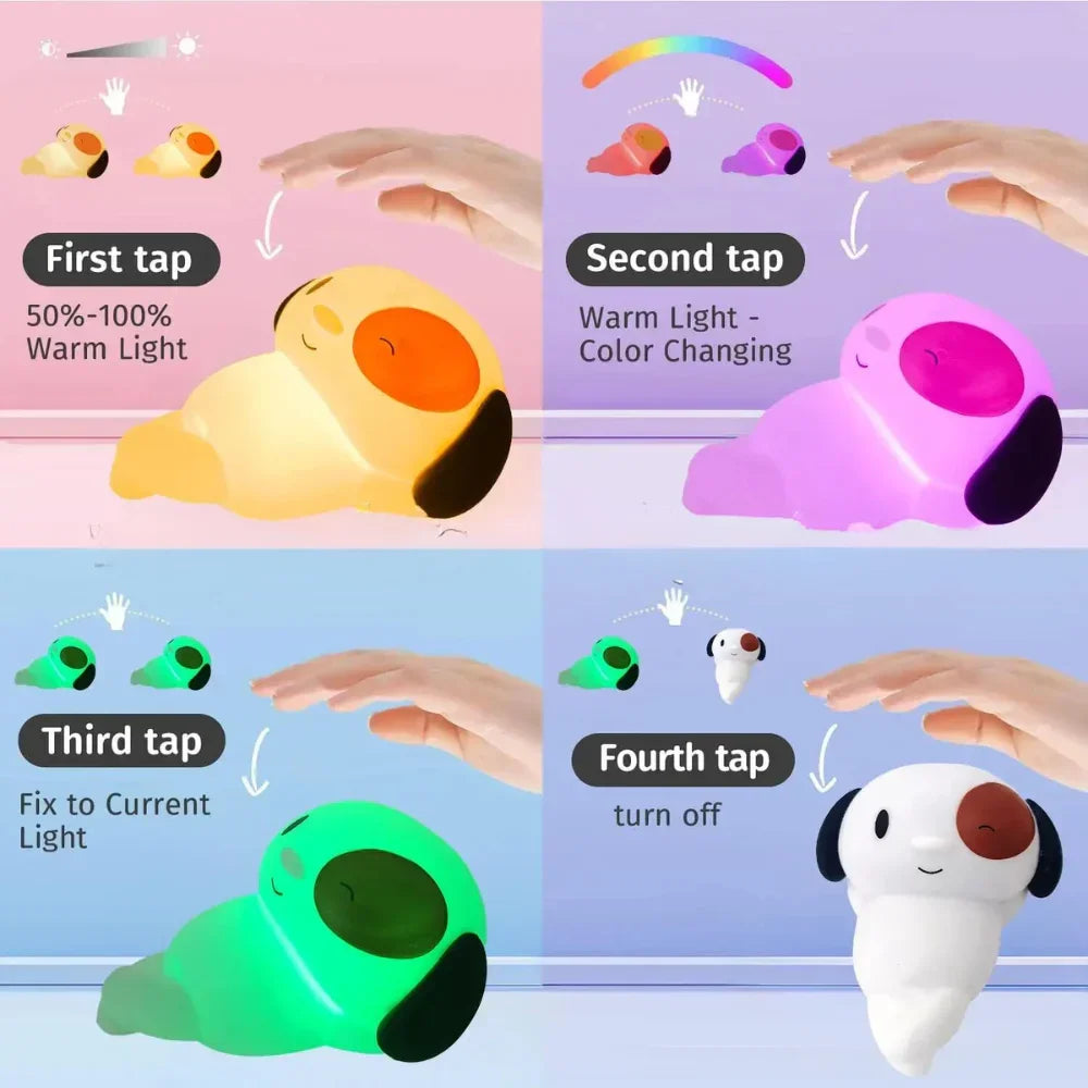 Mini Luminária Cachorrinho Fofo LED de Silicone com Toque e Bateria Recarregável
