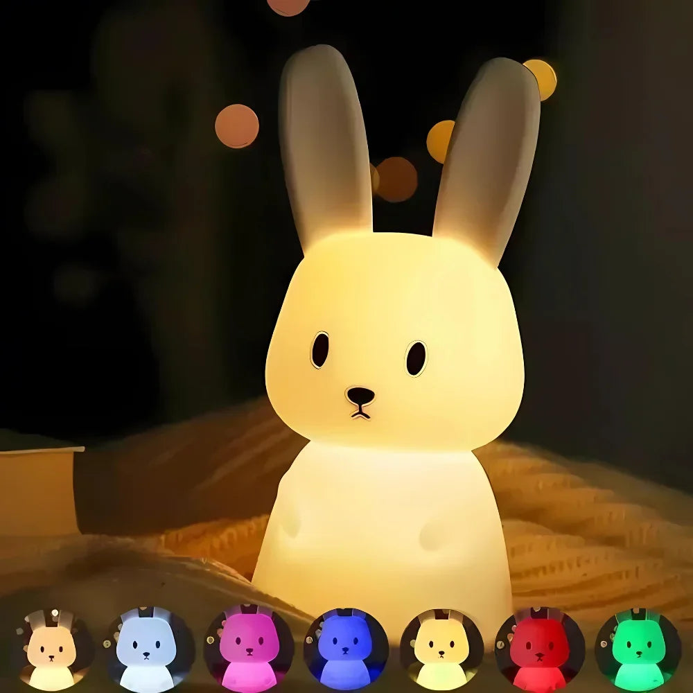 Mini Luminária Coelhinho Fofo Abajur de Silicone com Toque e Recarga por USB