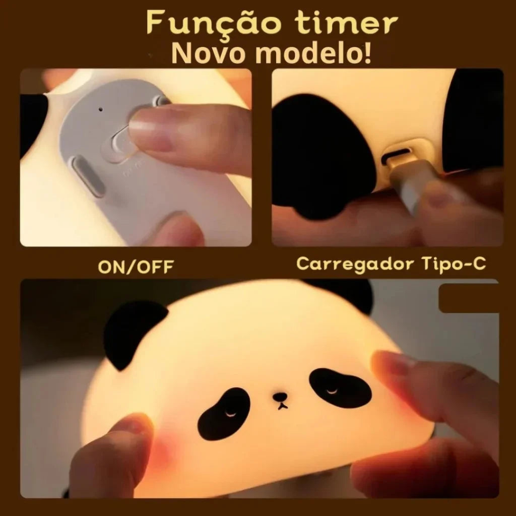Luminária Noturna de Silicone Panda Fofa com Sensor de Toque e Bateria Recarregável USB