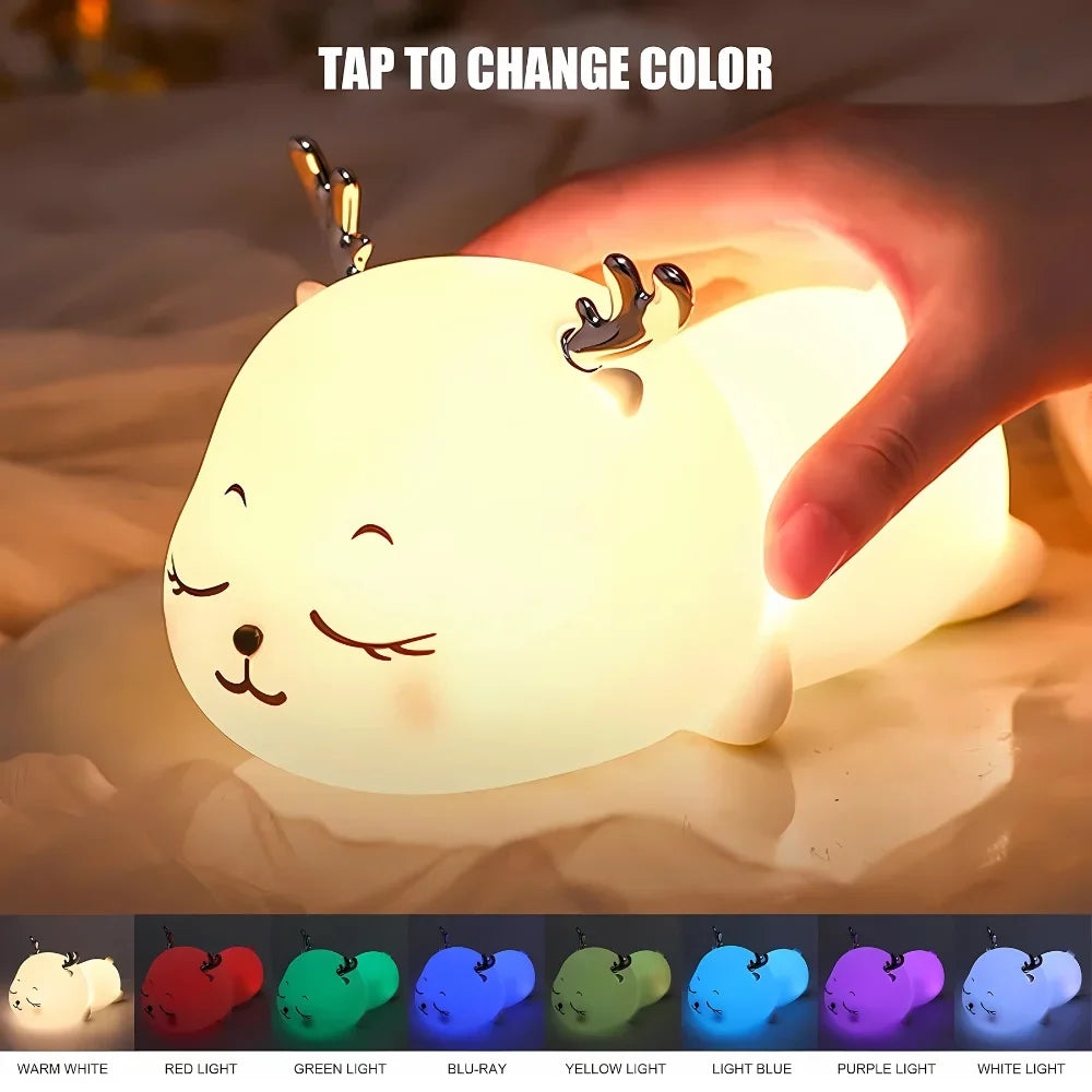 Mini Luminária Cervo Fofo LED de Silicone com Toque e Bateria Recarregável